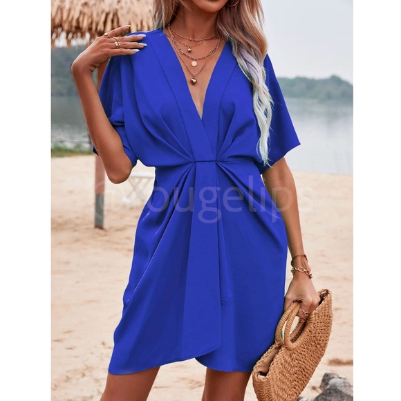 Royal Blue Mini Dress Ruched, Batwing Sleeve Faux Wrap Pleated - Picture 5 of 8